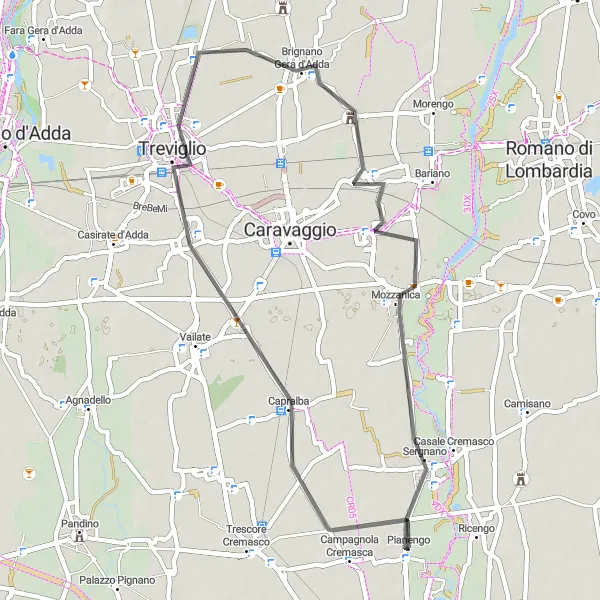 Miniature de la carte de l'inspiration cycliste "Parcours à Calvenzano et Pagazzano" dans la Lombardia, Italy. Générée par le planificateur d'itinéraire cycliste Tarmacs.app