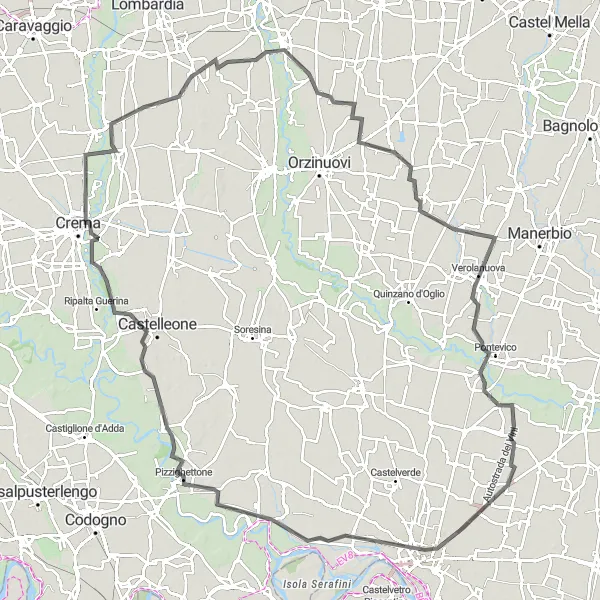 Mapa miniatúra "Jazda okolo Cremony" cyklistická inšpirácia v Lombardia, Italy. Vygenerované cyklistickým plánovačom trás Tarmacs.app