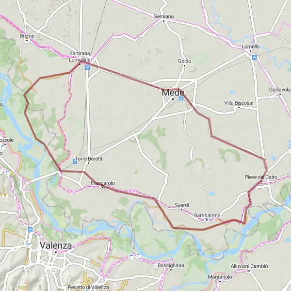 Miniatua del mapa de inspiración ciclista "Ruta de Grava a Sartirana Lomellina" en Lombardia, Italy. Generado por Tarmacs.app planificador de rutas ciclistas