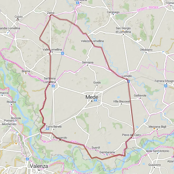Map miniature of "Pieve del Cairo - Gravel Loop via Frascarolo and Sartirana Lomellina" cycling inspiration in Lombardia, Italy. Generated by Tarmacs.app cycling route planner