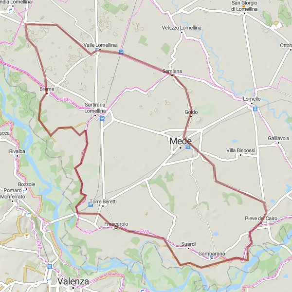 Miniatua del mapa de inspiración ciclista "Ruta de Grava Pieve del Cairo - Breme" en Lombardia, Italy. Generado por Tarmacs.app planificador de rutas ciclistas