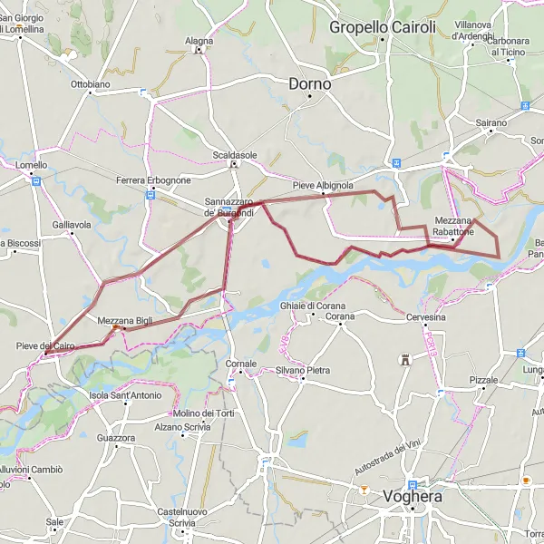 Map miniature of "Sannazzaro de' Burgondi Gravel Loop" cycling inspiration in Lombardia, Italy. Generated by Tarmacs.app cycling route planner