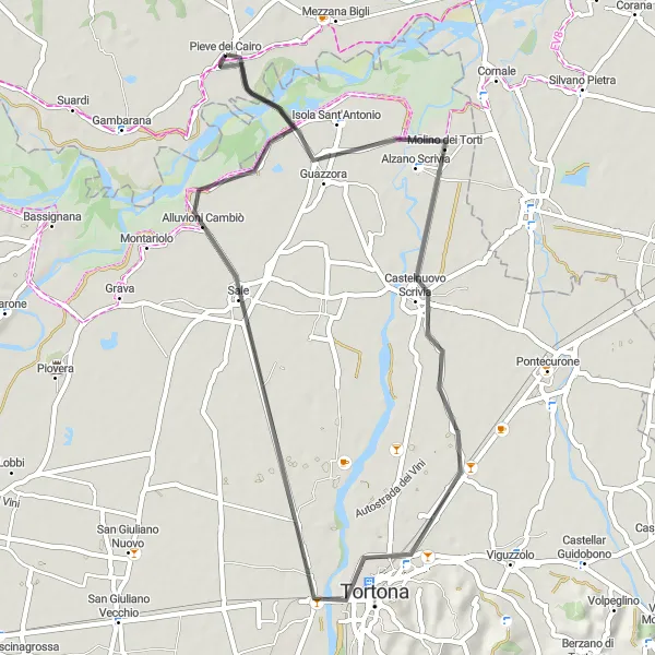 Miniatua del mapa de inspiración ciclista "Ruta en carretera cerca de Pieve del Cairo" en Lombardia, Italy. Generado por Tarmacs.app planificador de rutas ciclistas