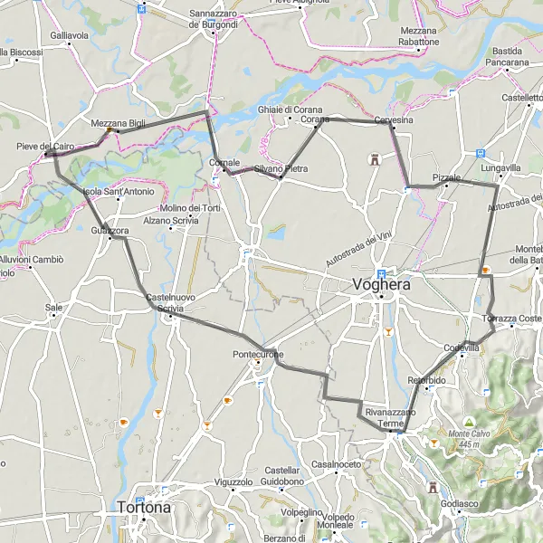 Map miniature of "Pieve del Cairo - Loop via Pontecurone and Guazzora" cycling inspiration in Lombardia, Italy. Generated by Tarmacs.app cycling route planner