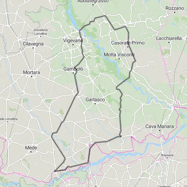 Kartminiatyr av "Lombardia Runtväg via Pieve del Cairo" cykelinspiration i Lombardia, Italy. Genererad av Tarmacs.app cykelruttplanerare