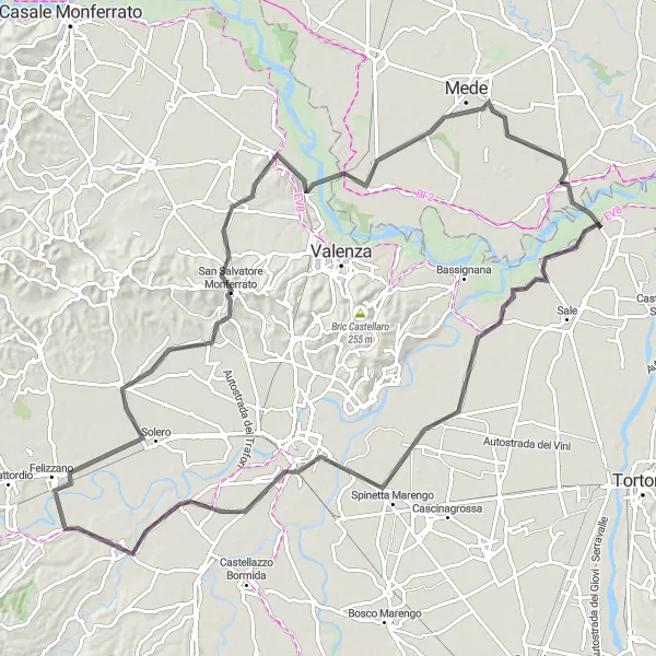 Mapa miniatúra "Cyklo okruh cez Felizzano" cyklistická inšpirácia v Lombardia, Italy. Vygenerované cyklistickým plánovačom trás Tarmacs.app