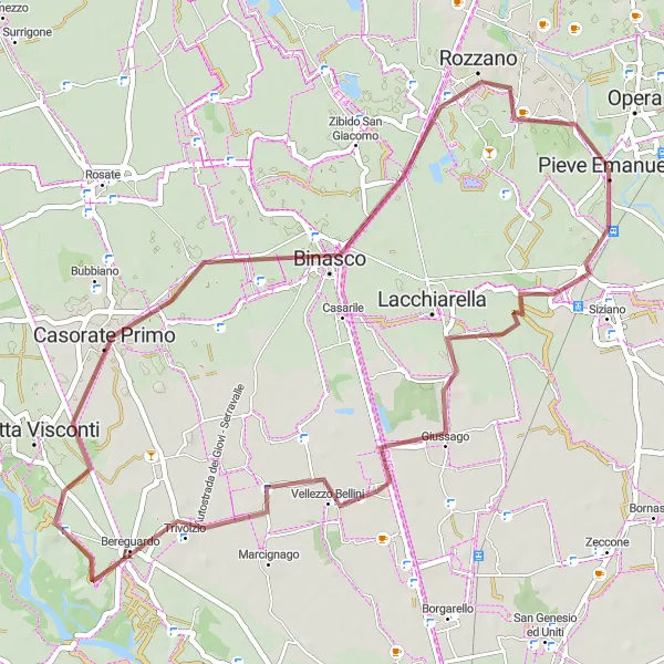 Map miniature of "Pieve Emanuele to Rozzano Gravel Cycling Route" cycling inspiration in Lombardia, Italy. Generated by Tarmacs.app cycling route planner
