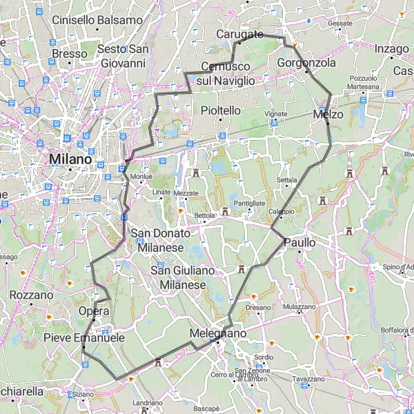 Map miniature of "Pieve Emanuele to Carpiano Road Cycling Route" cycling inspiration in Lombardia, Italy. Generated by Tarmacs.app cycling route planner