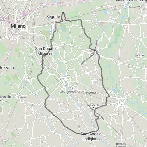 Miniaturní mapa "Road Pioltello - Zelo Buon Persico - Torrevecchia Pia" inspirace pro cyklisty v oblasti Lombardia, Italy. Vytvořeno pomocí plánovače tras Tarmacs.app