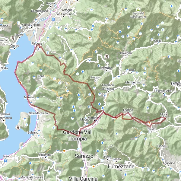 Zemljevid v pomanjšavi "Gravel Paradise near Pisogne" kolesarske inspiracije v Lombardia, Italy. Generirano z načrtovalcem kolesarskih poti Tarmacs.app