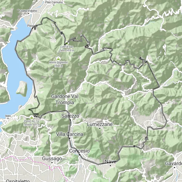 Zemljevid v pomanjšavi "Epic Road Cycling Tour from Pisogne" kolesarske inspiracije v Lombardia, Italy. Generirano z načrtovalcem kolesarskih poti Tarmacs.app