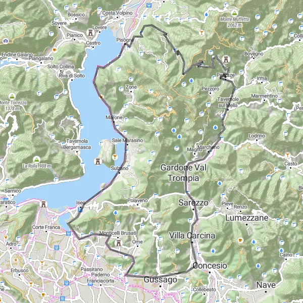 Karttaminiaatyyri "Fraine - Colle di San Zeno - Monte Crestole - Tavernole sul Mella - Villa Carcina - Passo della Forcella - Monte Piane - Provaglio d'Iseo - Marone - Dosso del Becco" pyöräilyinspiraatiosta alueella Lombardia, Italy. Luotu Tarmacs.app pyöräilyreittisuunnittelijalla