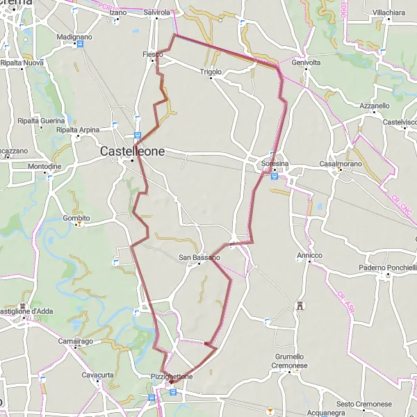 Miniatua del mapa de inspiración ciclista "Ruta de grava por los alrededores de Pizzighettone" en Lombardia, Italy. Generado por Tarmacs.app planificador de rutas ciclistas