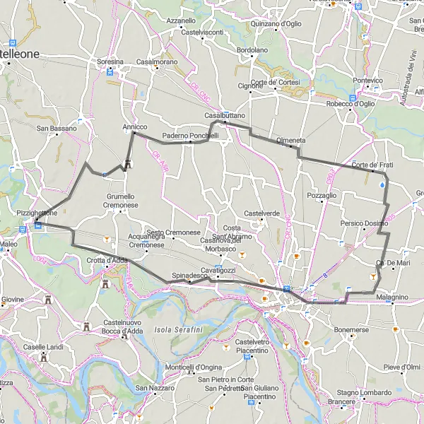 Miniatua del mapa de inspiración ciclista "Ruta de Ciclismo en Carretera por Pizzighettone y alrededores" en Lombardia, Italy. Generado por Tarmacs.app planificador de rutas ciclistas