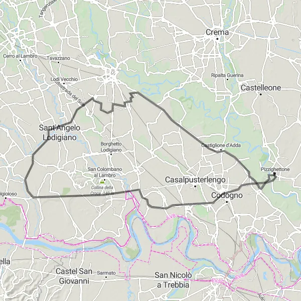 Mapa miniatúra "Cyklotúra okolo Pizzighettone" cyklistická inšpirácia v Lombardia, Italy. Vygenerované cyklistickým plánovačom trás Tarmacs.app