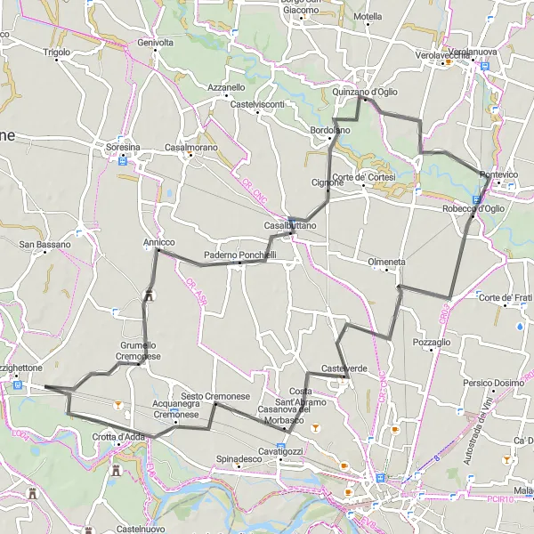 Miniatua del mapa de inspiración ciclista "Ruta escénica de Annicco a Castelverde" en Lombardia, Italy. Generado por Tarmacs.app planificador de rutas ciclistas