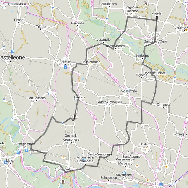 Mapa miniatúra "Cyklotúra cez okolité dedinky z Pizzighettone" cyklistická inšpirácia v Lombardia, Italy. Vygenerované cyklistickým plánovačom trás Tarmacs.app