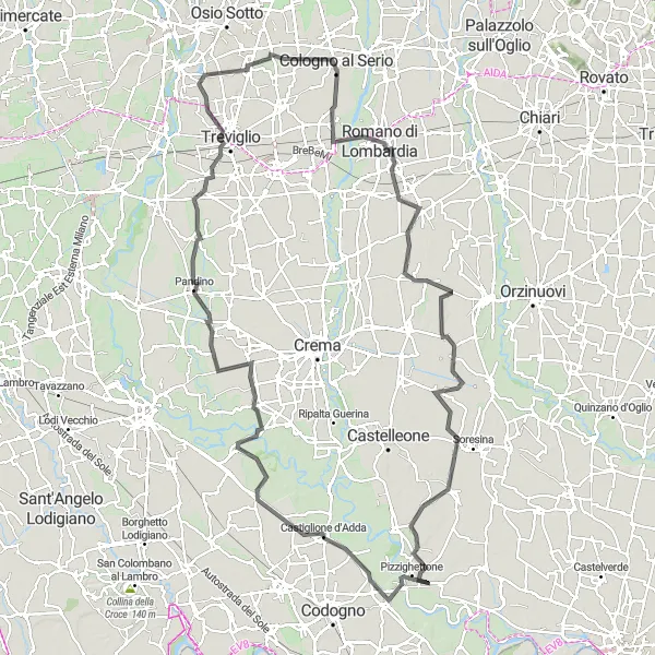 Kartminiatyr av "Utforska landsbygden runt Pizzighettone" cykelinspiration i Lombardia, Italy. Genererad av Tarmacs.app cykelruttplanerare