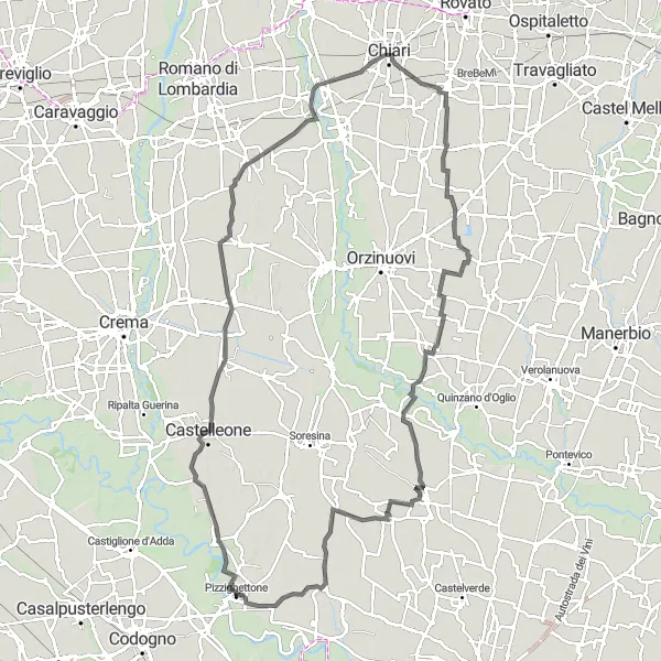 Zemljevid v pomanjšavi "Cycling Route to Castelvisconti" kolesarske inspiracije v Lombardia, Italy. Generirano z načrtovalcem kolesarskih poti Tarmacs.app