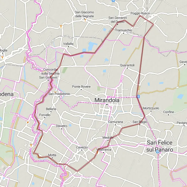 Karten-Miniaturansicht der Radinspiration "Rundweg durch San Biagio und Rovereto sulla Secchia" in Lombardia, Italy. Erstellt vom Tarmacs.app-Routenplaner für Radtouren