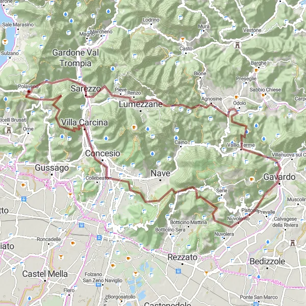 Map miniature of "Gravel Cycling Adventure: Thrilling Ascent to Villaggio Prealpino" cycling inspiration in Lombardia, Italy. Generated by Tarmacs.app cycling route planner