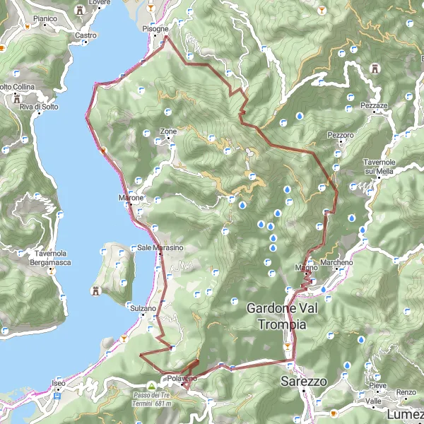 Zemljevid v pomanjšavi "Gorski vzponi okoli Polaveno" kolesarske inspiracije v Lombardia, Italy. Generirano z načrtovalcem kolesarskih poti Tarmacs.app