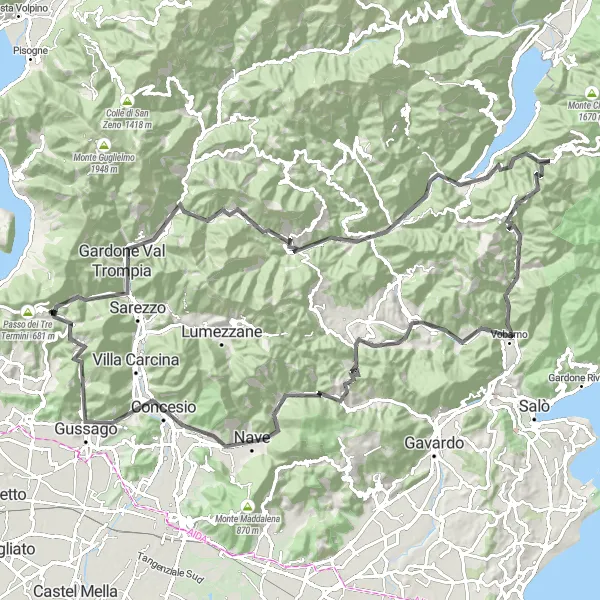 Kartminiatyr av "Utmanande väg till Monte Montecolo" cykelinspiration i Lombardia, Italy. Genererad av Tarmacs.app cykelruttplanerare