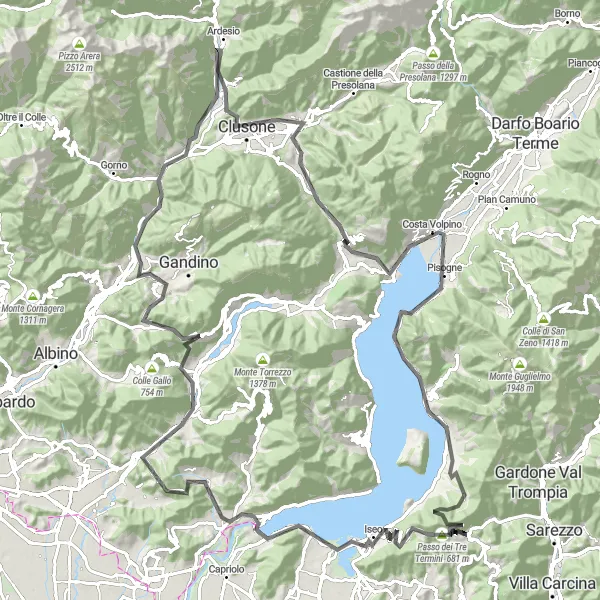 Miniatura mapy "Wyzwanie przez Passo dei Tre Termini i Panchina Gigante" - trasy rowerowej w Lombardia, Italy. Wygenerowane przez planer tras rowerowych Tarmacs.app