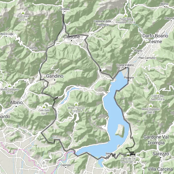 Zemljevid v pomanjšavi "Razgibana cestna kolesarska dogodivščina okoli Polavena (129 km, 2767 m vzpona)" kolesarske inspiracije v Lombardia, Italy. Generirano z načrtovalcem kolesarskih poti Tarmacs.app