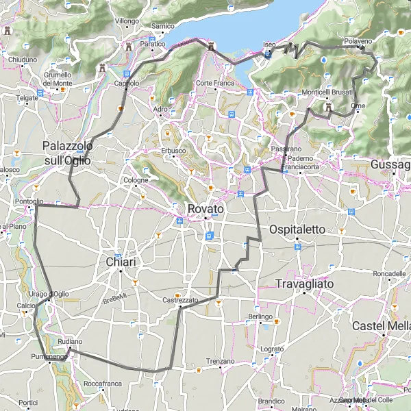 Miniatura della mappa di ispirazione al ciclismo "Ciclostrada per Pontoglio e Paratico" nella regione di Lombardia, Italy. Generata da Tarmacs.app, pianificatore di rotte ciclistiche