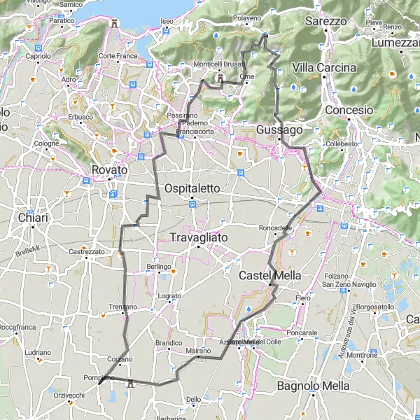 Map miniature of "Passirano and Gussago Grand Loop" cycling inspiration in Lombardia, Italy. Generated by Tarmacs.app cycling route planner