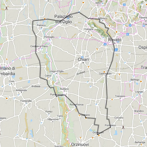 Mapa miniatúra "Okruh cez Cividate al Piano a Rovato" cyklistická inšpirácia v Lombardia, Italy. Vygenerované cyklistickým plánovačom trás Tarmacs.app