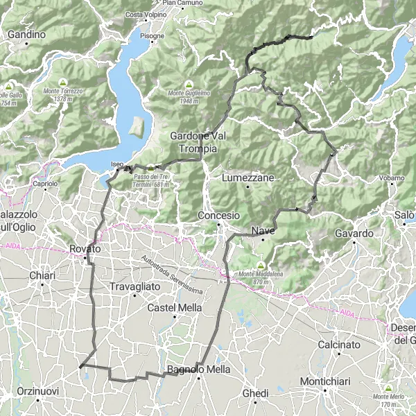 Map miniature of "Challenging Circuit of Alpine Passes" cycling inspiration in Lombardia, Italy. Generated by Tarmacs.app cycling route planner
