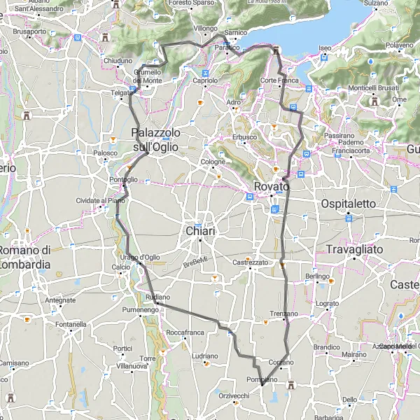 Miniature de la carte de l'inspiration cycliste "Parcours à vélo autour de Pompiano" dans la Lombardia, Italy. Générée par le planificateur d'itinéraire cycliste Tarmacs.app