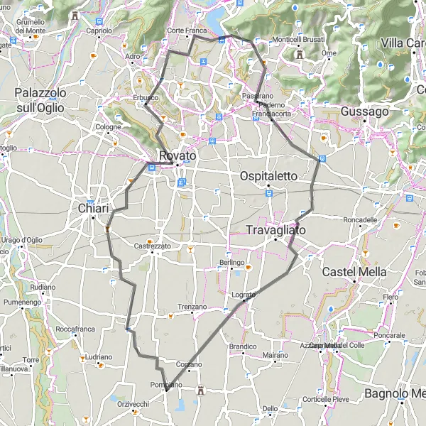 Mapa miniatúra "Trasa Castelcovati - Coccaglio - Erbusco - Monte Pollo - Castegnato - Maclodio - Pompiano" cyklistická inšpirácia v Lombardia, Italy. Vygenerované cyklistickým plánovačom trás Tarmacs.app