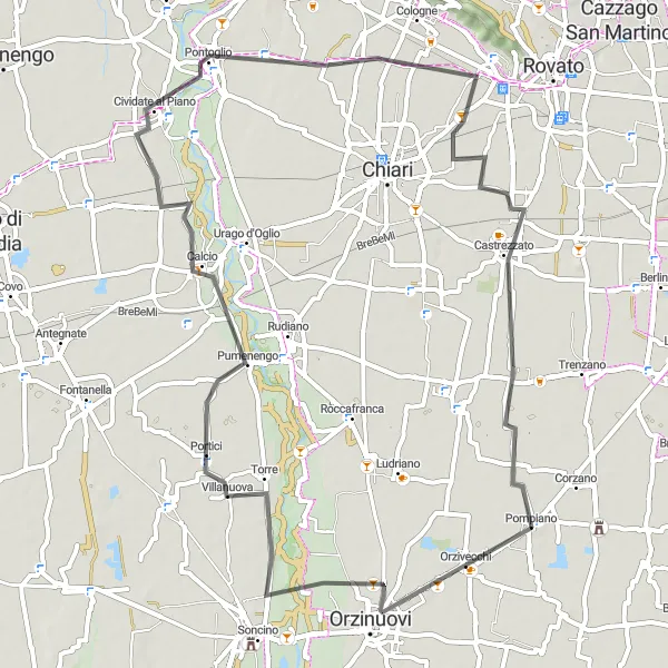 Miniatua del mapa de inspiración ciclista "Ruta corta por carretera desde Pompiano a Cossirano" en Lombardia, Italy. Generado por Tarmacs.app planificador de rutas ciclistas
