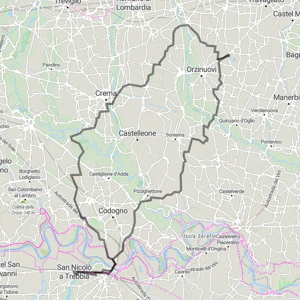 Miniaturní mapa "Jízda kolem Pompiana až do Piacenzy" inspirace pro cyklisty v oblasti Lombardia, Italy. Vytvořeno pomocí plánovače tras Tarmacs.app