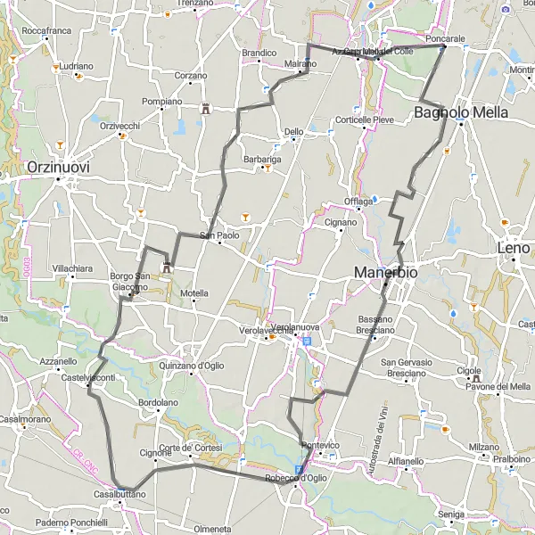 Miniatua del mapa de inspiración ciclista "Ruta de ciclismo de carretera desde Poncarale" en Lombardia, Italy. Generado por Tarmacs.app planificador de rutas ciclistas