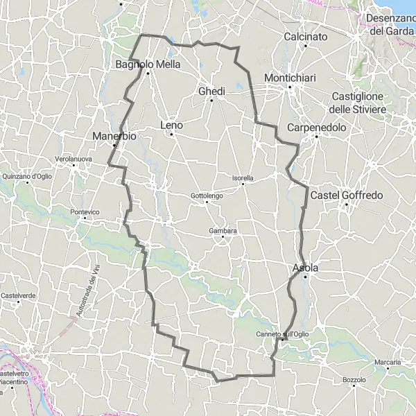 Zemljevid v pomanjšavi "Potovanje med Montirone in Bagnolo Mella" kolesarske inspiracije v Lombardia, Italy. Generirano z načrtovalcem kolesarskih poti Tarmacs.app