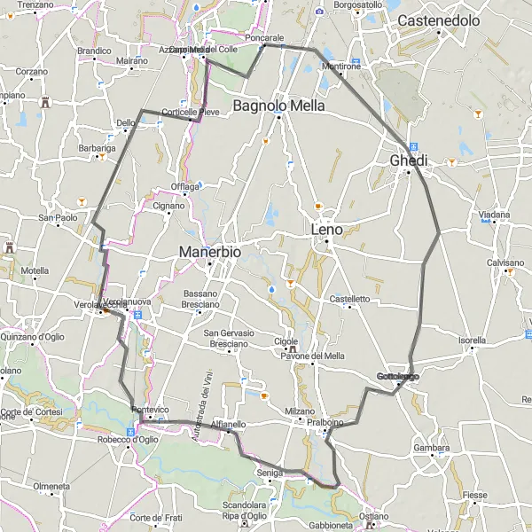 Zemljevid v pomanjšavi "Kolesarska pot med Ghedi in Capriano del Colle" kolesarske inspiracije v Lombardia, Italy. Generirano z načrtovalcem kolesarskih poti Tarmacs.app