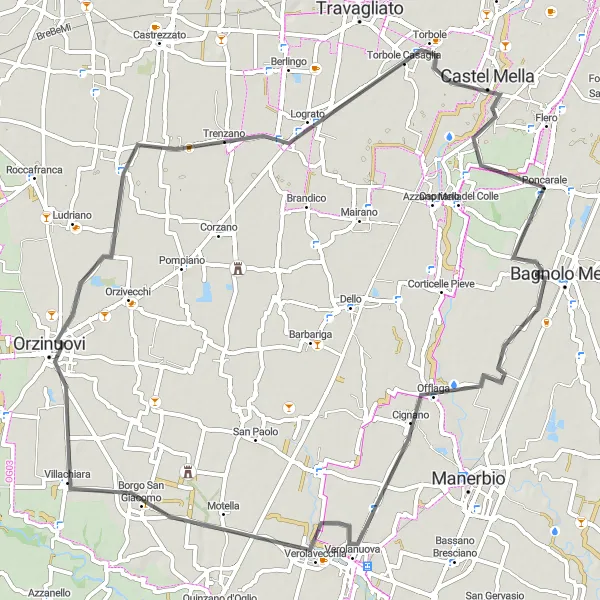 Mapa miniatúra "Trasa okolo Poncarale cez Verolavecchiu, Maclodio a Castel Mella" cyklistická inšpirácia v Lombardia, Italy. Vygenerované cyklistickým plánovačom trás Tarmacs.app