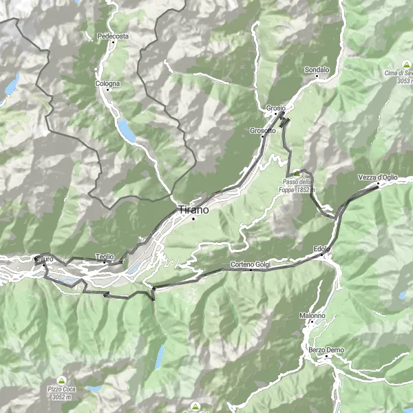 Miniaturekort af cykelinspirationen "Udfordrende rute gennem Valtellina-dalen" i Lombardia, Italy. Genereret af Tarmacs.app cykelruteplanlægger
