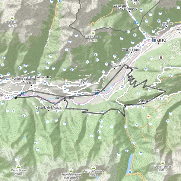 Karttaminiaatyyri "Historiallinen reitti kohti Aprican vuoristomaisemia" pyöräilyinspiraatiosta alueella Lombardia, Italy. Luotu Tarmacs.app pyöräilyreittisuunnittelijalla