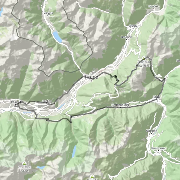 Miniatua del mapa de inspiración ciclista "Ruta por carretera alrededor de Ponte en Valtellina" en Lombardia, Italy. Generado por Tarmacs.app planificador de rutas ciclistas