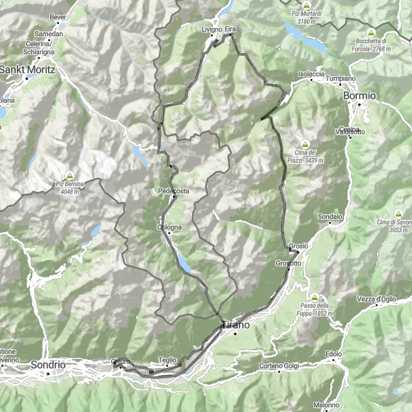 Miniature de la carte de l'inspiration cycliste "Épopée Alpine à travers les Montagnes de Valtellina" dans la Lombardia, Italy. Générée par le planificateur d'itinéraire cycliste Tarmacs.app