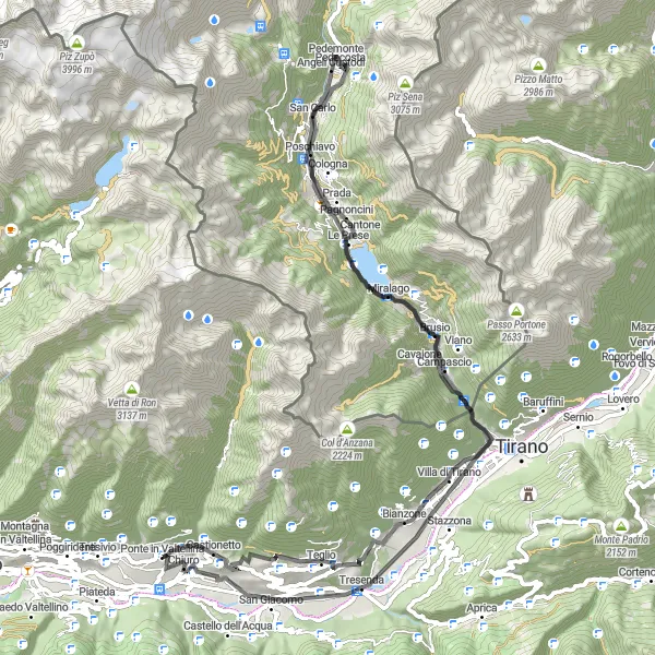 Miniature de la carte de l'inspiration cycliste "Escapade à travers Valtellina" dans la Lombardia, Italy. Générée par le planificateur d'itinéraire cycliste Tarmacs.app