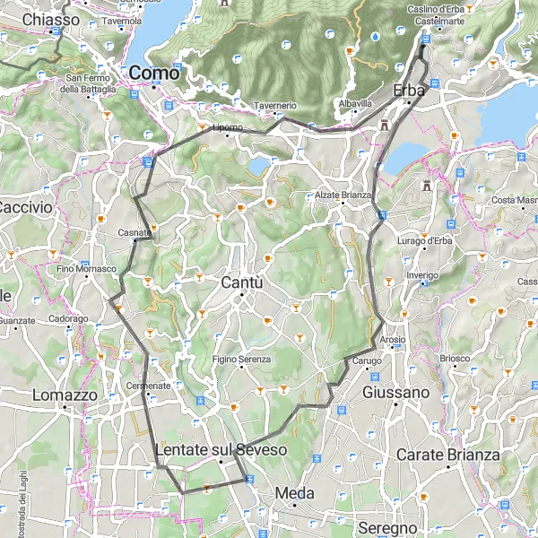 Map miniature of "Ponte Lambro - Arosio - Lentate sul Seveso - Lazzate - Monte Goj - Lipomo - Erba - Ponte Lambro" cycling inspiration in Lombardia, Italy. Generated by Tarmacs.app cycling route planner