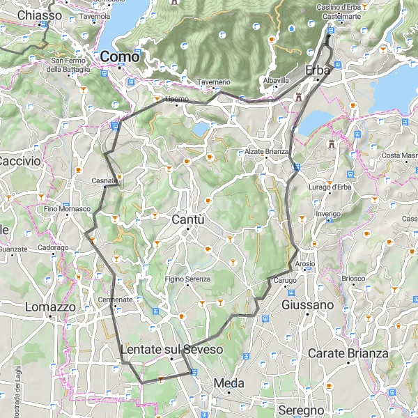 Miniatuurkaart van de fietsinspiratie "Arosio naar Erba" in Lombardia, Italy. Gemaakt door de Tarmacs.app fietsrouteplanner