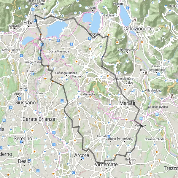 Map miniature of "Ponte Lambro - Belvedere - Merate - Vimercate - Merone - Ponte Lambro" cycling inspiration in Lombardia, Italy. Generated by Tarmacs.app cycling route planner