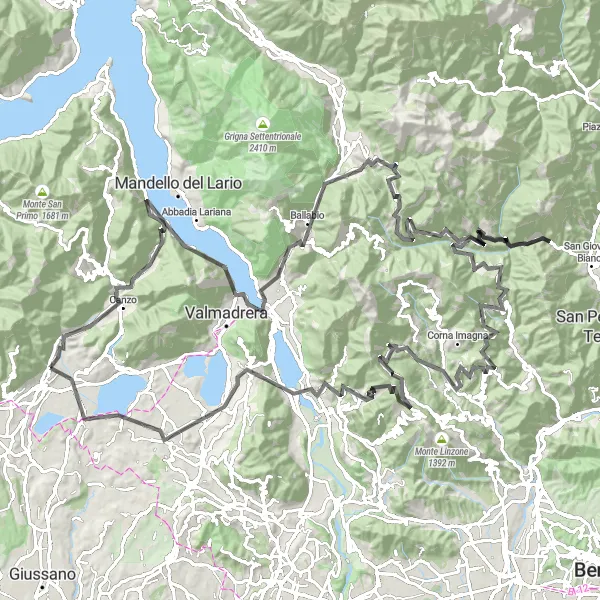 Map miniature of "Ponte Lambro - Monte Spinei - Asso - Malgrate - Corno Medale - Cassina Valsassina - Passo Culmine San Pietro - Vedeseta - La Collina - Forcella di Bura - Blello - Costa Valle Imagna - Passo di Valcava - Monte Spedone - Poggio Stolegarda - Merone - Ponte Lambro" cycling inspiration in Lombardia, Italy. Generated by Tarmacs.app cycling route planner